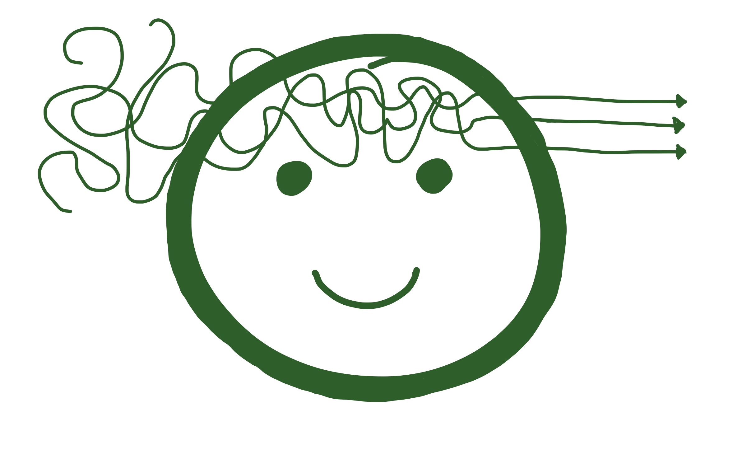 Kopf mit Smiley — links kommt Vielschichtiges hinein, rechts gehen klare Pfeile hinaus.